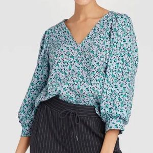 A New Day Blue Floral V Neck Blouse Top